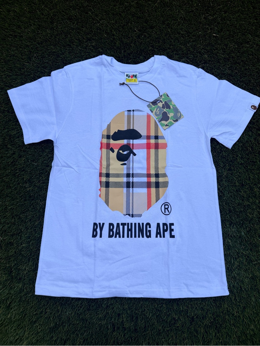 BAPE Plaid Logo Short Sleeve Tee in White
